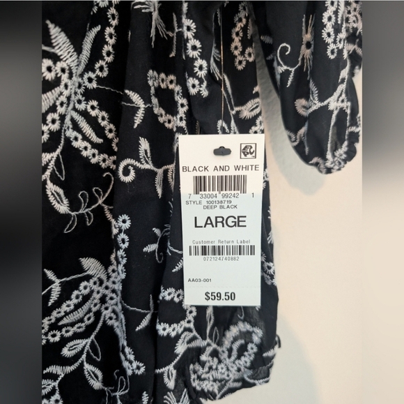 INC Nwt Women's Black And Embrodered White Leaf Print Boho Chic Blouse Large - Picture 4 of 12